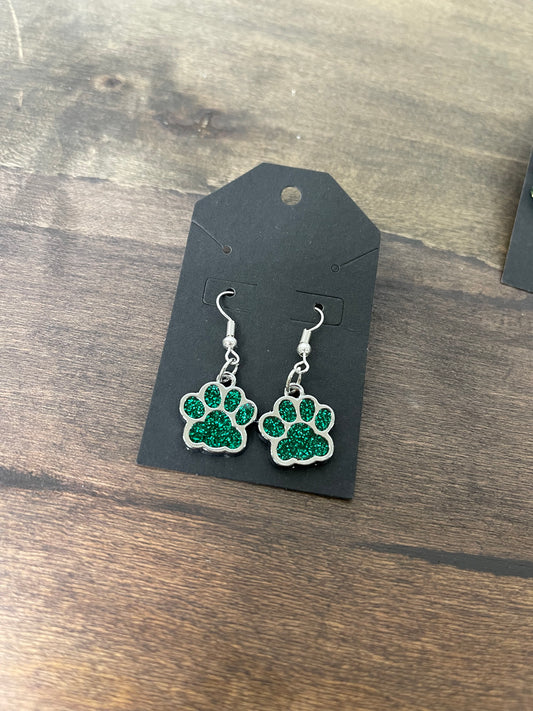 Green Glitter Paw Earrings